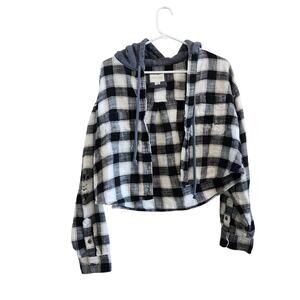 American Eagle Plaid Flannel Distressed Hoodie Button Up Black White Sz Medium